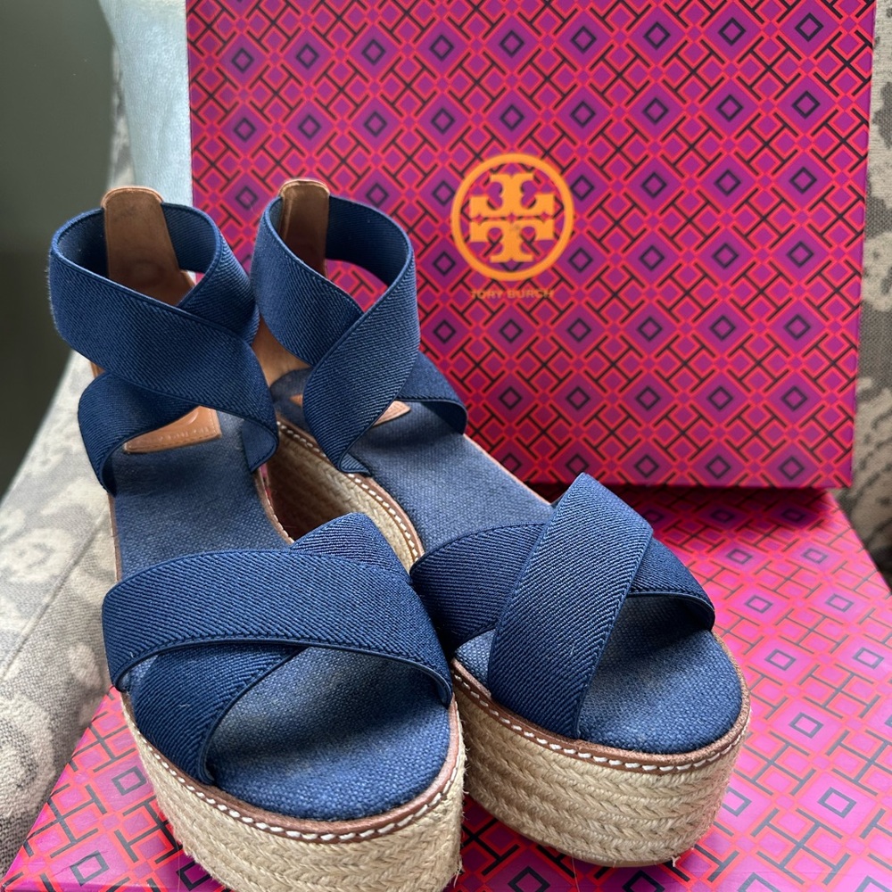 Tory Burch Navy Espadrille Platforms